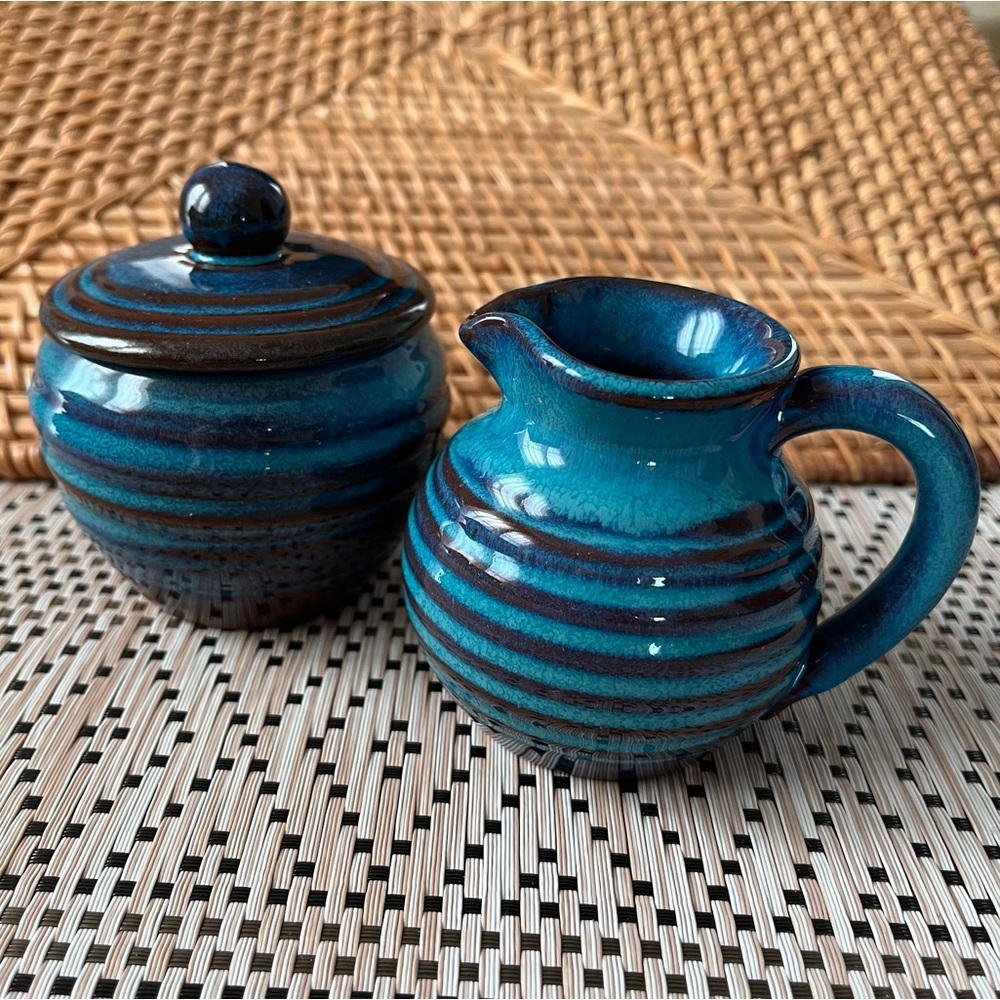 Rackliffe Pottery Sugar Creamer Set Blue Hill Maine Brown Glazed Redware Vintage